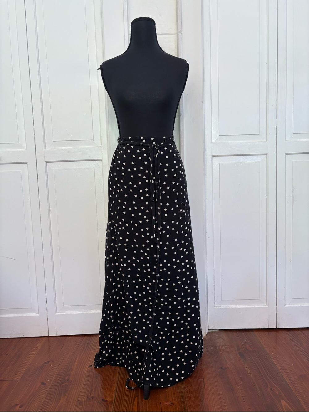 Free People Black Maxi Skirt with Cream Polka Dots